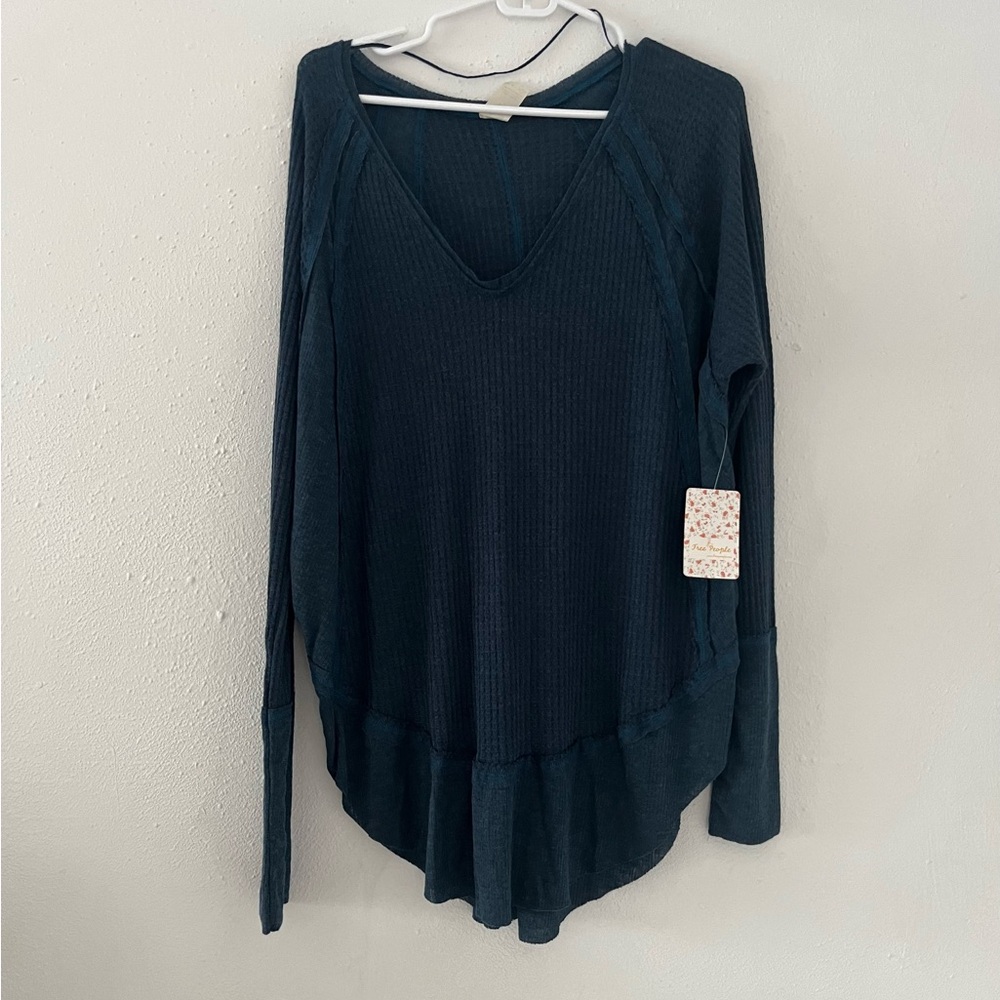 We The Free Dark Teal V‑Neck Long Sleeve Ribbed Top